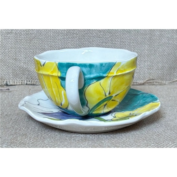 Anthropologie ? Shabby Floral Teacup And Saucer Set Hand Painted Portugal READ - Picture 4 of 8